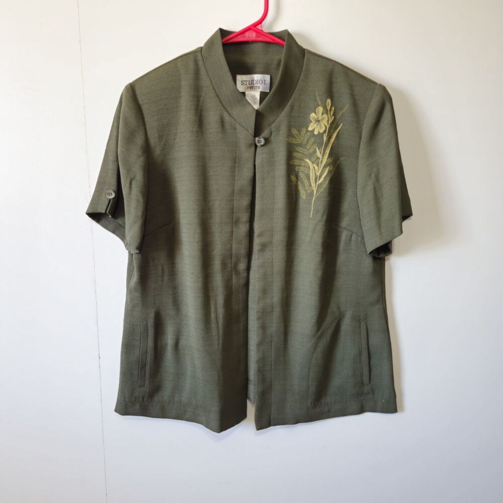 Studio 1 Petite Olive Green Embroidered Short Sleeve Blazer Jacket 10P VTG